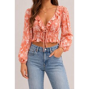 Endless Blu Floral Tie Front Crop Top | Ruffle Boho Blouse Size S NWT